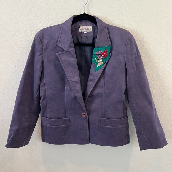 Vintage 80's purple UltraSuede Blazer w Iconic Suede Brooch sz 4 - Picture 4 of 8